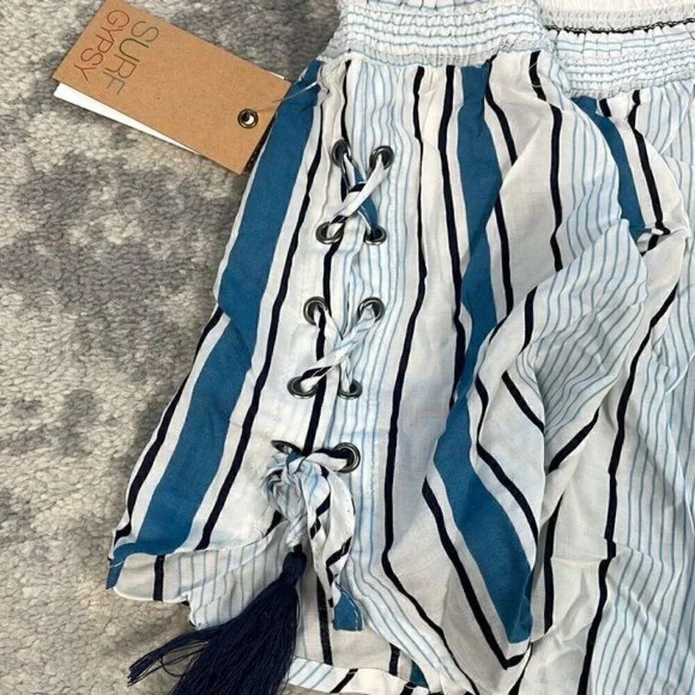 NWT Surf Gypsy Printed Side Lace Up Swim Cover Up Shorts Stripe Beach Blue Sz L